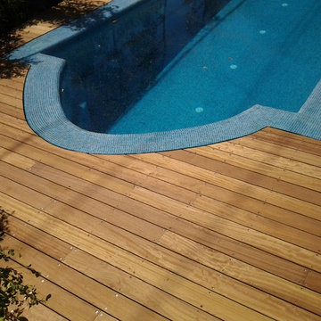 Iroko decking swimming pool surround