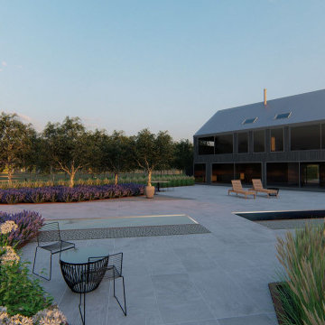 One acre garden for an ultramodern new build house in rural Suffolk