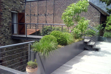 Große, Unbedeckte Moderne Terrasse mit Kübelpflanzen in Düsseldorf