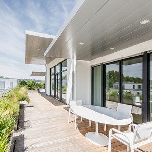 Esempio di una terrazza moderna sul tetto e sul tetto con un giardino in vaso e un tetto a sbalzo