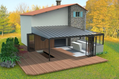 Diseño de terraza urbana de tamaño medio en patio trasero con cocina exterior