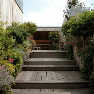 Réalisation d'une terrasse avec des plantes en pots arrière design de taille moyenne.