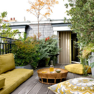 Exemple d'une terrasse avec des plantes en pots exotique.