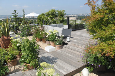 Réalisation d'une terrasse avec des plantes en pots style shabby chic.