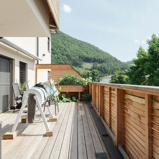 Réalisation d'une terrasse avec des plantes en pots arrière design avec une extension de toiture.