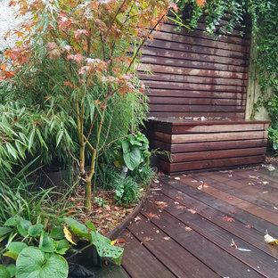 Immagine di un piccolo patio o portico etnico in cortile con un giardino in vaso e pedane