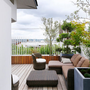 Cette image montre une terrasse design avec aucune couverture.