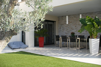 Réalisation d'une terrasse avec des plantes en pots minimaliste avec des pavés en pierre naturelle et une extension de toiture.