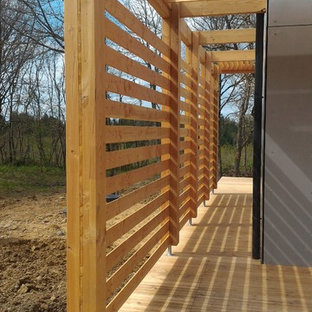 Idee per un patio o portico industriale di medie dimensioni e nel cortile laterale con pedane e una pergola
