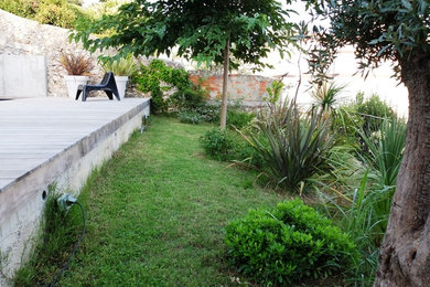 Idée de décoration pour un jardin minimaliste de taille moyenne avec un point d'eau, une exposition ensoleillée, une pente, une colline ou un talus et une terrasse en bois.