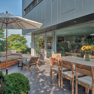 Cette image montre une terrasse arrière design avec des pavés en béton et aucune couverture.