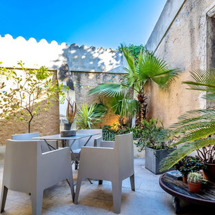 Inspiration pour une terrasse avec des plantes en pots méditerranéenne de taille moyenne avec des pavés en pierre naturelle et aucune couverture.