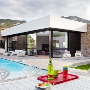 Inspiration pour une grande terrasse arrière minimaliste avec aucune couverture.