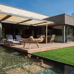 Réalisation d'une terrasse arrière nordique avec un point d'eau et une pergola.