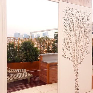 Esempio di un patio o portico minimalista di medie dimensioni e in cortile con un giardino in vaso, pedane e una pergola