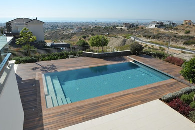 Idée de décoration pour une grande piscine latérale design.