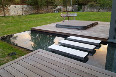 Idées déco pour une terrasse latérale contemporaine de taille moyenne avec un point d'eau et aucune couverture.