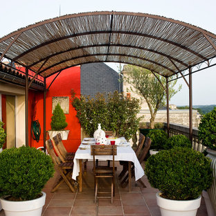 Cette photo montre une terrasse avec des plantes en pots chic de taille moyenne avec une pergola.