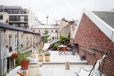 Cette image montre une terrasse avec des plantes en pots urbaine.