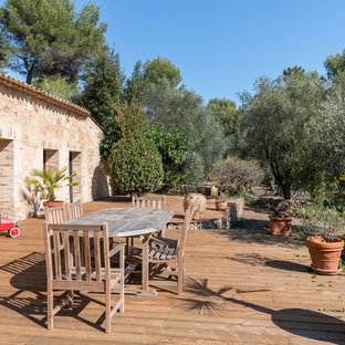 Idée de décoration pour une terrasse avec des plantes en pots arrière méditerranéenne avec aucune couverture.