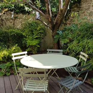 Ispirazione per un patio o portico etnico di medie dimensioni e in cortile con un giardino in vaso, pedane e nessuna copertura