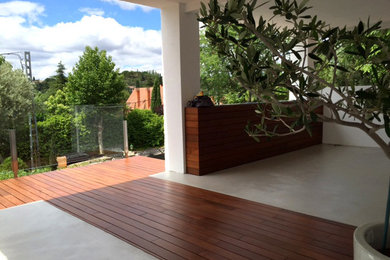 Imagen de terraza contemporánea de tamaño medio en patio trasero y anexo de casas con jardín de macetas