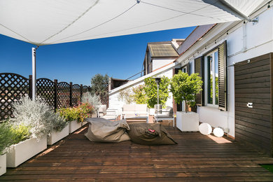 Ispirazione per una terrazza contemporanea con un giardino in vaso e un parasole