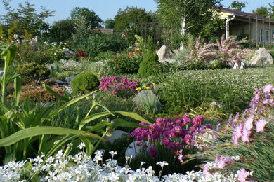Свежая идея для дизайна: солнечный, весенний засухоустойчивый сад среднего размера на заднем дворе в средиземноморском стиле с хорошей освещенностью, покрытием из гравия и подпорной стенкой - отличное фото интерьера