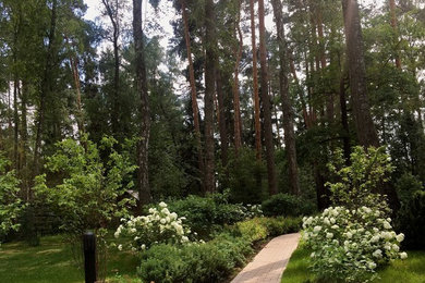 Geometrische, Große, Halbschattige Moderne Pflanzenwand im Sommer, hinter dem Haus mit Pflastersteinen in Moskau