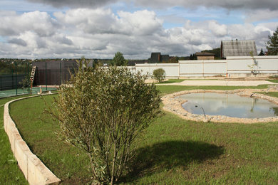 Cette image montre un jardin design de taille moyenne et l'automne avec un bassin, une exposition ensoleillée, une pente, une colline ou un talus et des pavés en béton.