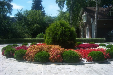 Свежая идея для дизайна: летний регулярный сад среднего размера на переднем дворе в классическом стиле - отличное фото интерьера