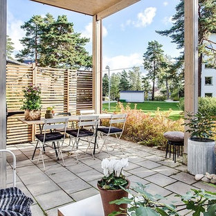 Immagine di un patio o portico scandinavo di medie dimensioni e dietro casa con lastre di cemento e un tetto a sbalzo