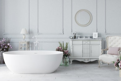 Свежая идея для дизайна: главная ванная комната среднего размера в стиле неоклассика (современная классика) с отдельно стоящей ванной, серыми стенами и врезной раковиной - отличное фото интерьера