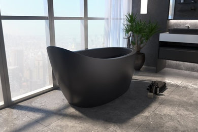 На фото: главная ванная комната среднего размера в стиле неоклассика (современная классика) с отдельно стоящей ванной, черными стенами и серым полом