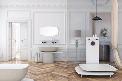 Свежая идея для дизайна: главная ванная комната в современном стиле с отдельно стоящей ванной, раковиной с пьедесталом и столешницей из искусственного камня - отличное фото интерьера