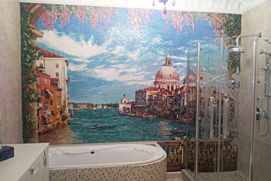 Свежая идея для дизайна: большая ванная комната в стиле неоклассика (современная классика) с душевой кабиной - отличное фото интерьера