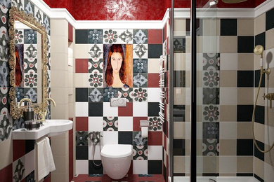 Пример оригинального дизайна: ванная комната в стиле фьюжн с угловым душем, инсталляцией, разноцветной плиткой, разноцветными стенами, душевой кабиной и подвесной раковиной