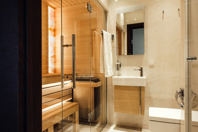 Свежая идея для дизайна: маленькая ванная комната в современном стиле для на участке и в саду - отличное фото интерьера