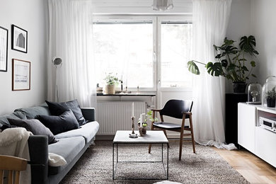 Imagen de salón para visitas cerrado nórdico de tamaño medio sin chimenea y televisor con paredes blancas, suelo de madera clara y alfombra