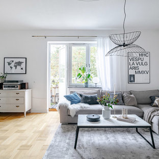 Inspiration för minimalistiska separata vardagsrum, med vita väggar, mellanmörkt trägolv och brunt golv