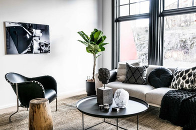 Nordisches Wohnzimmer mit weißer Wandfarbe, hellem Holzboden und braunem Boden in Stockholm