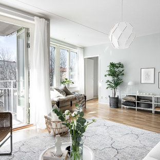 Idéer för att renovera ett minimalistiskt vardagsrum, med ett finrum, grå väggar, ljust trägolv och brunt golv