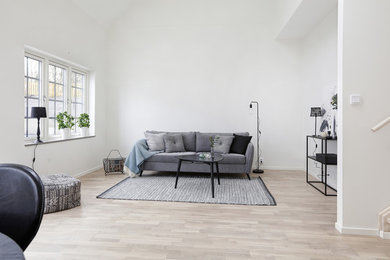 Ejemplo de salón abierto nórdico con paredes blancas y suelo de madera en tonos medios