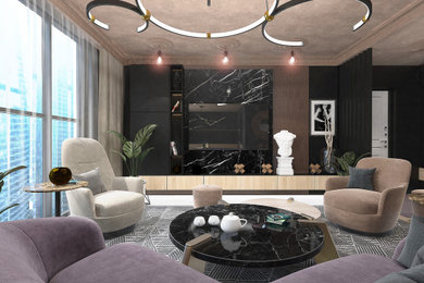 Diseño de salón para visitas abierto contemporáneo de tamaño medio con paredes negras, televisor colgado en la pared, suelo blanco, papel pintado, panelado y suelo de madera clara