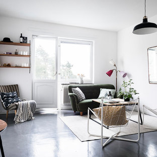 Inspiration för minimalistiska vardagsrum, med vita väggar och linoleumgolv