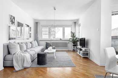 Inspiration för mellanstora minimalistiska vardagsrum, med vita väggar och mellanmörkt trägolv