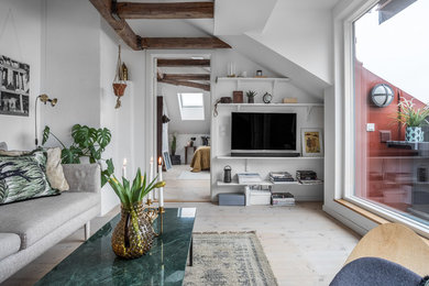 This is an example of a scandi living room in Stockholm with light hardwood flooring.