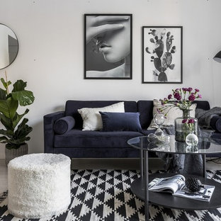 Inspiration för ett mellanstort skandinaviskt separat vardagsrum, med vita väggar, ljust trägolv och grått golv