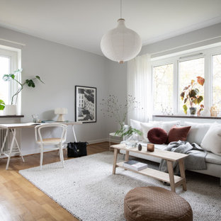 Idéer för nordiska vardagsrum, med grå väggar, mellanmörkt trägolv och brunt golv