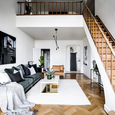 Living room - mid-sized scandinavian loft-style and formal beige floor and light wood floor living room idea in Stockholm with white walls and no tv
